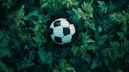 Aufkleber - Soccer ball nestled in lush green foliage.