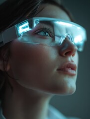 Poster - Close-up of young woman in high-tech environment wearing lighted AR glasses, symbolizing intuitive interaction, digital navigation and immersive future interfaces.