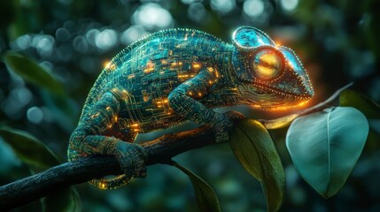 Poster - Futuristic chameleon with glowing circuit board texture, perched on a branch in a lush green forest.