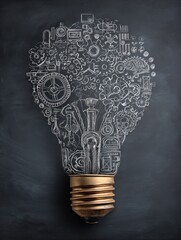 Poster - Creative Chalkboard with Lightbulb and Gear Drawings Representing Innovation and Ideas