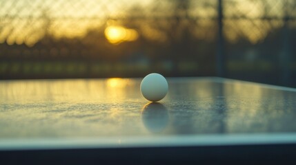 Poster - White ping pong ball sits on a table outdoors at sunset.