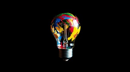 Poster - Colorful paint inside a lightbulb on black background.