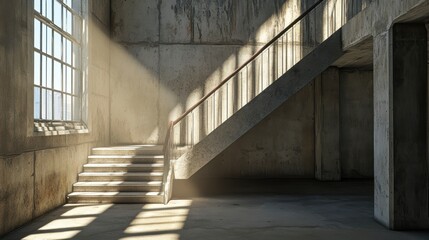 Poster - Sunbeams illuminate a concrete staircase in a rustic interior space.