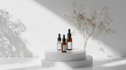 Poster - Amber glass dropper bottles on a minimalist white platform with dried flowers and sunlight shadows.
