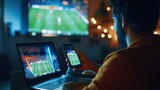 Man watching soccer game on laptop, phone, and TV at home.