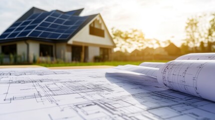 Poster - House blueprints with solar panel roof in background.
