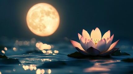 Poster - Glowing lotus flower on calm water under a full moon at night.
