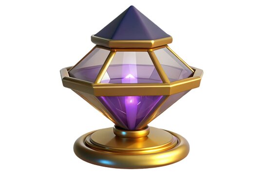 Glowing purple gemstone lamp on golden base