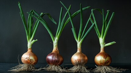Poster - Four sprouting onions with roots on dark background.