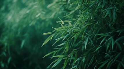 Poster - Lush green bamboo leaves in a dense forest, natural background.