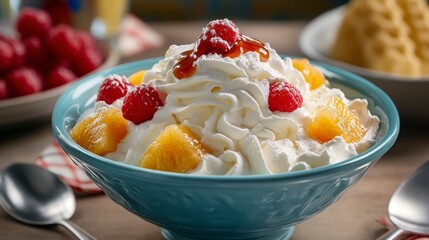 Poster - Creamy dessert with whipped cream, pineapple chunks, and raspberries in a teal bowl.