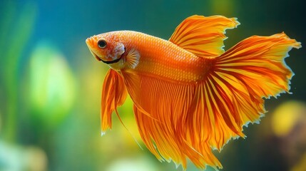 Poster - Vibrant orange betta fish with flowing fins, swimming in an aquarium.