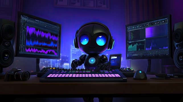 A robot dj working at a computer setup.