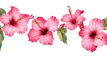 Poster - Seamless border of pink hibiscus flowers and green leaves on white background.