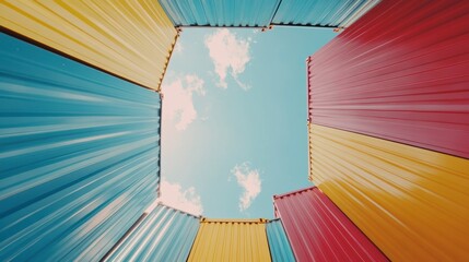 Poster - Colorful shipping containers viewed from below, creating a vibrant frame around a bright sky.