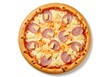 © Iqra - 'Hawaiian pizza with chunks of pineapple, ham, tomato sauce, and melted cheese, top-down view, white background, commercial food photography'