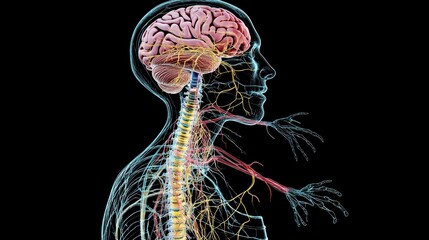 Aufkleber - Human nervous system, brain, spinal cord, and nerves detailed anatomy illustration.