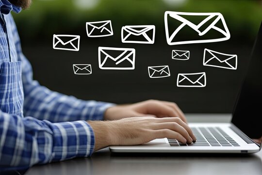 Person typing on laptop, email icons floating