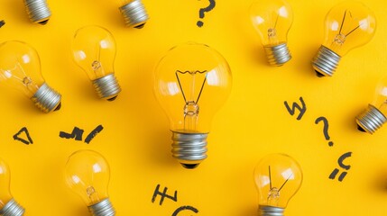 Poster - Many light bulbs on yellow background with question marks, representing ideas and solutions.