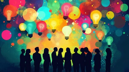 Poster - Colorful lightbulbs illuminate a group of people, symbolizing creative ideas and brainstorming.