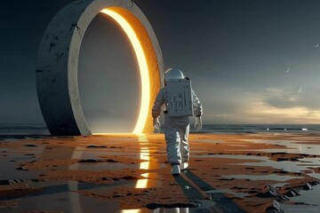 Poster - A man in a white space suit walks through a large, glowing ring. The scene is set on a beach with a calm ocean in the background. The man is exploring the ring