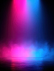 Poster - Minimalist laser spotlight creates a vibrant neon pink and blue gradient in a foggy atmosphere. This dark background enhances the colorful neon effect for a stylish abstract look.