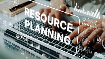 Poster - resource planning and management concept on laptop keyboard with data visualization graphics. asympt