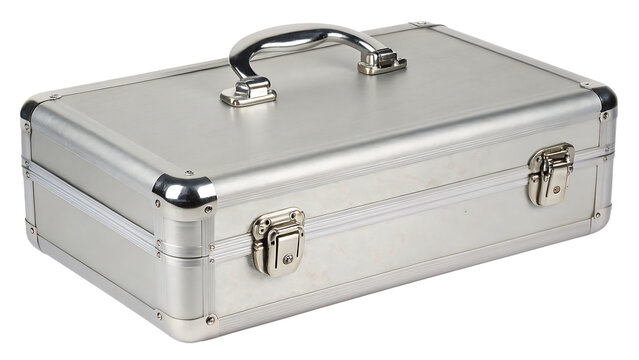  silver-metal-briefcase-closed-with-chrome-handle isolated on white background,  png, ai generated