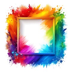 Poster - A vibrant square frame surrounded by a rainbow of paint splashes isolated on white background