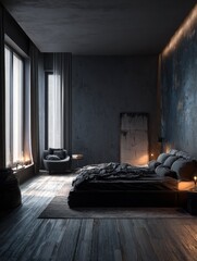 Poster - Concept photo of minimalist dark bedroom interior
