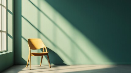 Poster - Sunlight streams into a minimalist room, illuminating a light wood chair against a teal wall.