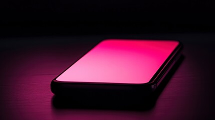 Poster - Sleek smartphone with vibrant pink illuminated screen on dark surface.