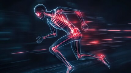 Poster - Glowing skeletal figure running, highlighting joints and motion blur.