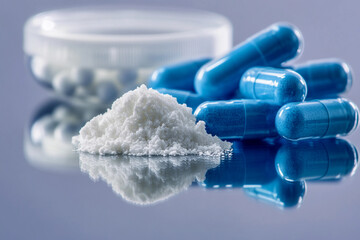 Poster - Close-up view of blue capsules and white powder on reflective surface Generative AI