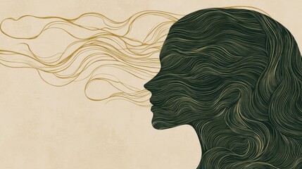 Poster - Silhouette of a woman's face with flowing hair, illustrated in dark and light gold tones against a beige background.