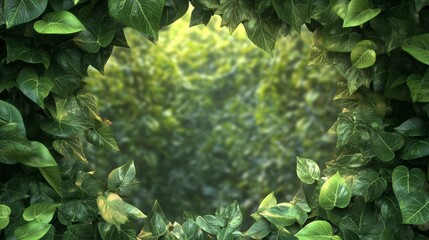 Poster - Lush green leaves create a heart-shaped frame around a blurred natural background.