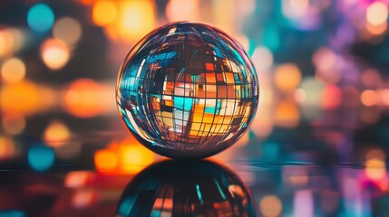 Poster - Crystal ball reflecting vibrant bokeh lights, abstract colorful background.