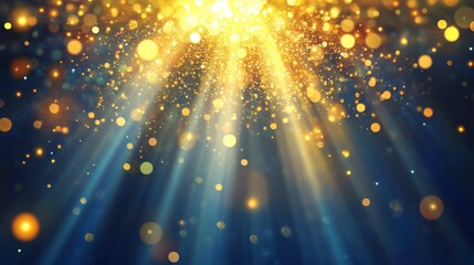 Aufkleber - Golden light rays and bokeh sparkle on dark blue background.