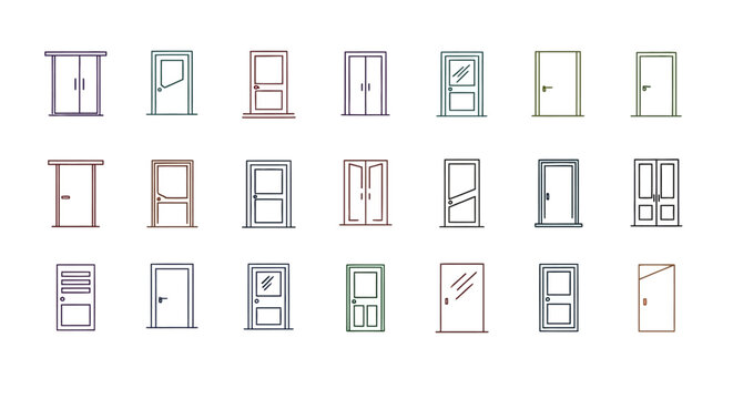 Collection of Diverse Door Icons  Line Art Styles for Design Projects