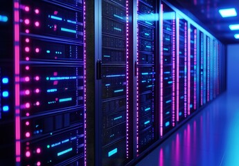 Poster - Futuristic server room corridor with rows of glowing magenta and blue LED server racks under modern ceiling lights, ideal for cybersecurity visuals, cloud services, data storage infrastructure themes
