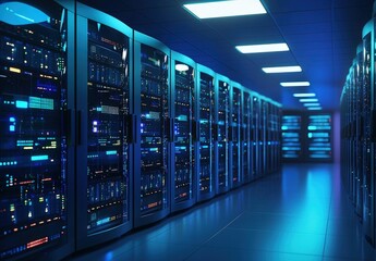 Poster - Dark data center with glowing blue LED-lit server racks in a high-security environment, ideal for illustrating cloud services, network storage solutions, modern IT infrastructure, cybersecurity visual