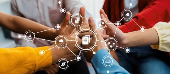 Poster - Startup company employee team stacking hand together symbolize successful group of business partnership and strong collective unity teamwork in community workplace in panoramic banner. Synergic Amity
