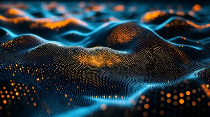Poster - Abstract wavy surface with glowing particles.