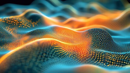 Poster - Abstract digital wave background with glowing orange and blue particles.