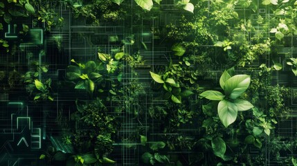 Poster - Lush green foliage overlayed with glowing digital circuit lines.