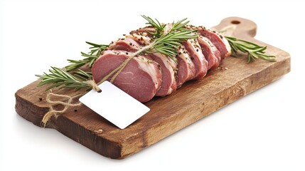 Poster - Sliced roasted pork loin with rosemary on wooden board, blank tag.