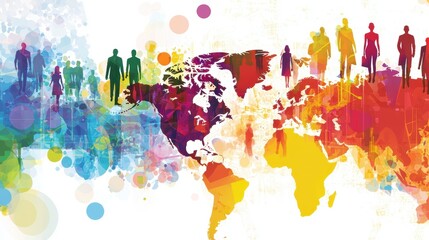 Poster - Colorful world map with diverse people silhouettes, symbolizing global community and connection. (1)