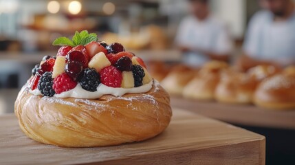 Poster - Delicious pastry topped with fresh berries and cream, in a bakery setting.