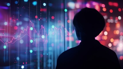 Leinwandbilder - Silhouetted person viewing vibrant data visualizations on a large screen, showcasing financial charts and market trends.