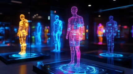 Poster - Futuristic holographic human body displays in a digital showcase.